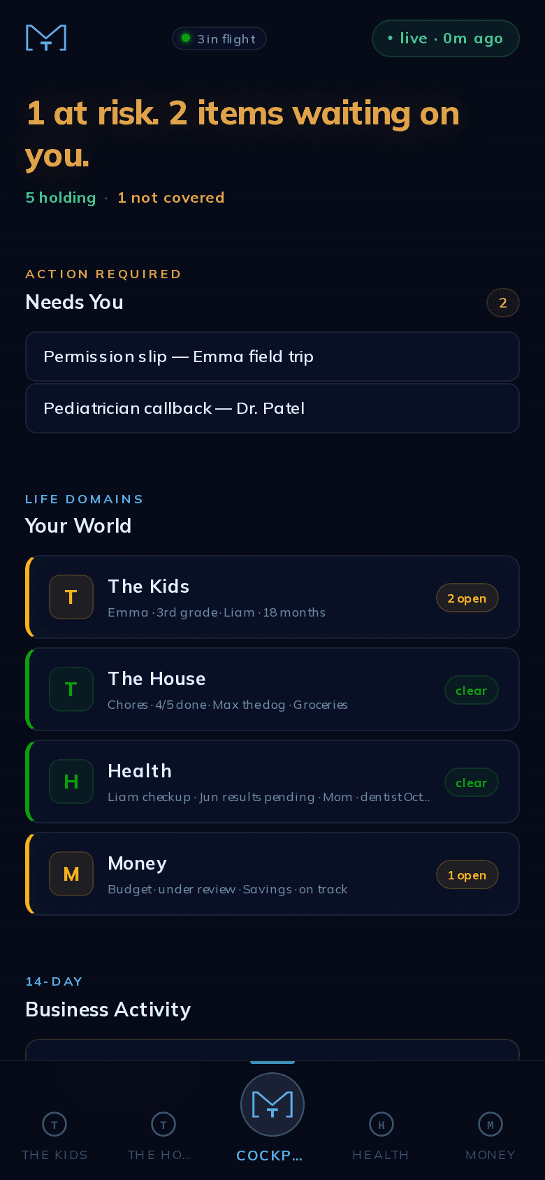 Busy Parent cockpit — verdict, needs-you items, and domain cards for The Kids, The House, Health, and Money